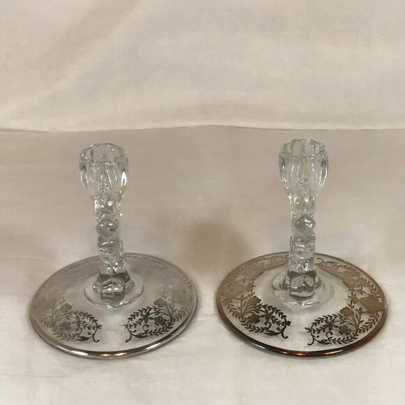 Vintage Pair of New Martinsville Glass Silver Overlay Candle Holders - Picture 6 of 8